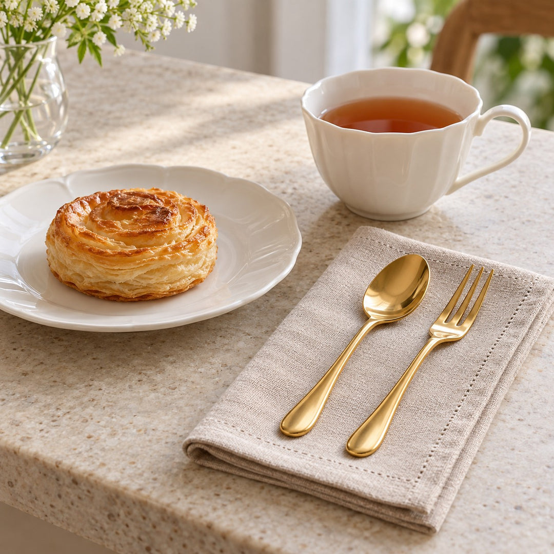 A gold stainless steel teaspoon and tea fork sit beside a teacup and dessert plate on linen.
