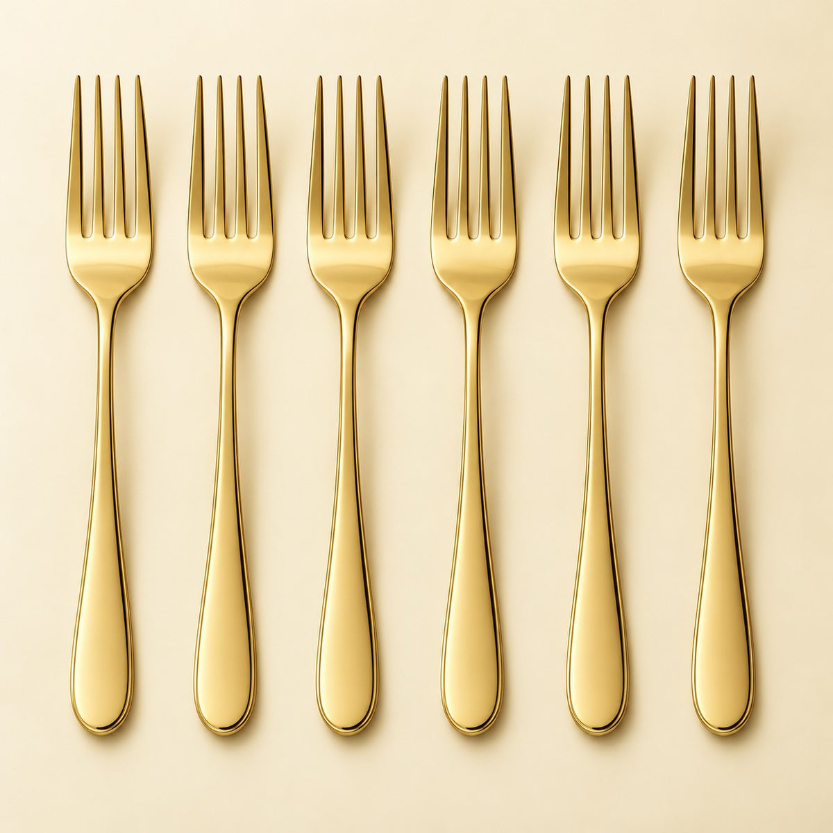 Six polished gold stainless steel dinner forks are arranged in a row on a pale backdrop.
