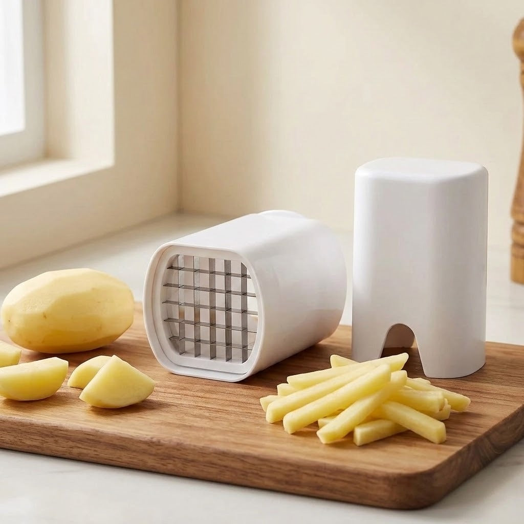A white plastic multi-functional potato cutter and slicer set displayed on a wooden cutting board with a whole potato, cut potato pieces, and sliced potato sticks, in a bright kitchen setting.