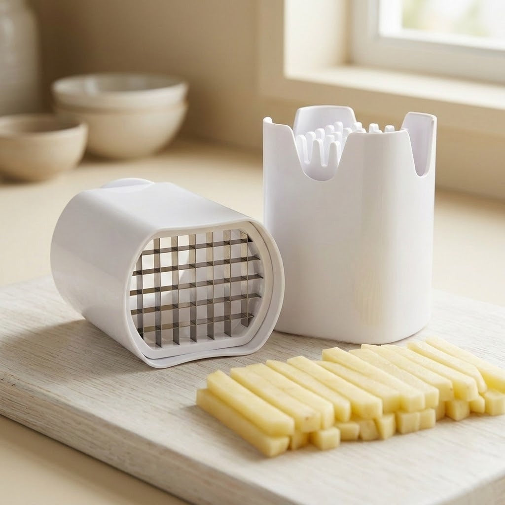 A white plastic cheese stick cutter set shown on a light wooden cutting board, with one end open to reveal the metal grid and the other standing upright with cheese sticks emerging. Sliced cheese sticks are arranged in front, and a softly blurred kitchen background with bowls and a window is visible.
