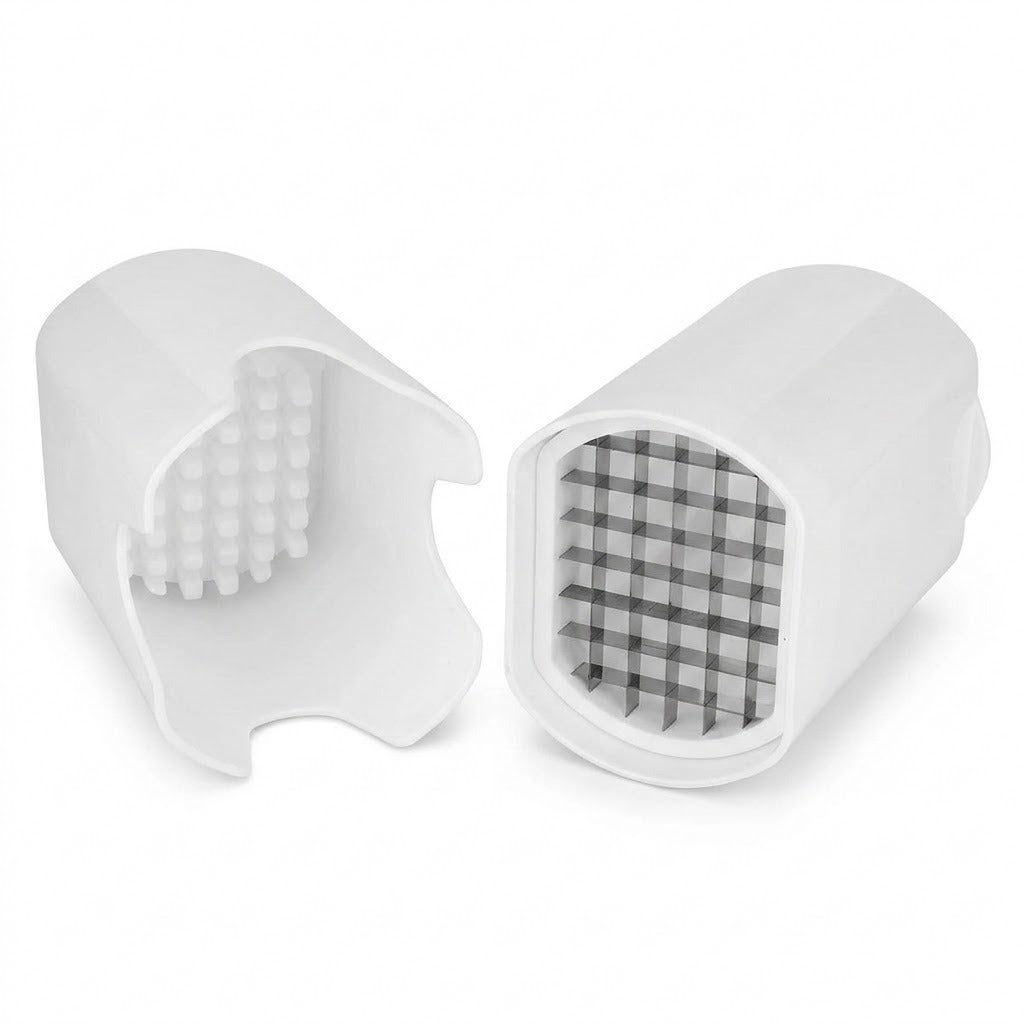 A white plastic cylindrical accessory shown in two pieces on a white background, with one piece displaying a raised textured surface and the other showing a grid-like interior.