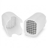 A white plastic cylindrical accessory shown in two pieces on a white background, with one piece displaying a raised textured surface and the other showing a grid-like interior.