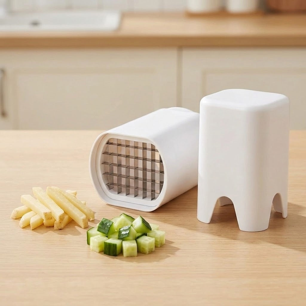 A white plastic vegetable chopper set on a light wood countertop, with one piece showing the cutting grid and two pieces showing the base. Chopped cucumber and sliced potato are placed in front as demonstration props.