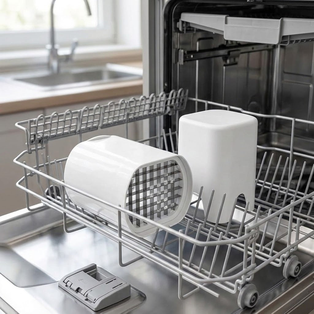 White ceramic cups and a white container placed on the lower rack of an open stainless steel dishwasher in a bright kitchen setting.