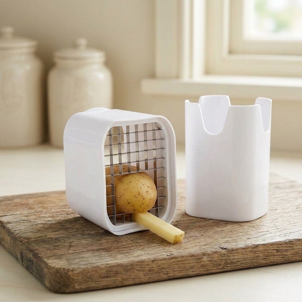 A white plastic french fry cutter and holder set on a rustic wooden cutting board, with a potato and a fry visible inside the cutter. The background shows a softly blurred kitchen setting with cream-colored jars and a window.