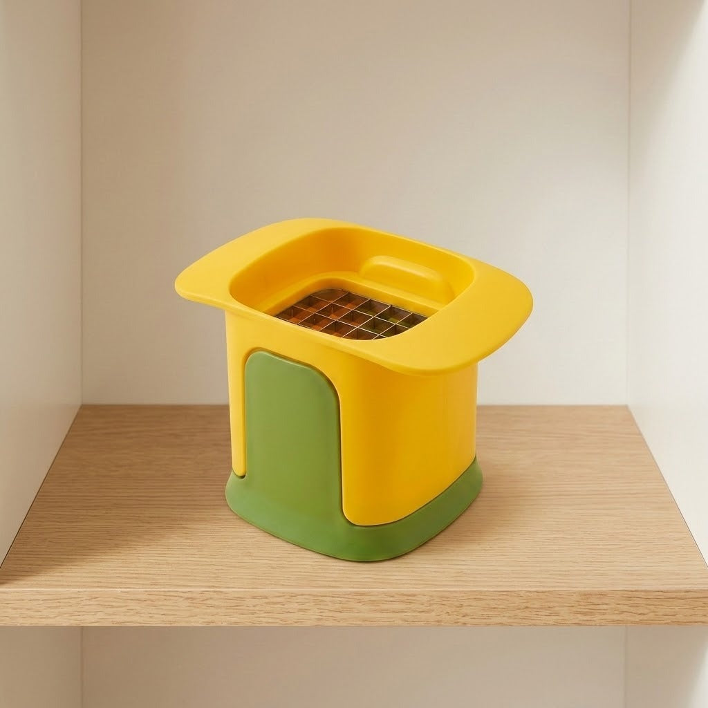 A yellow and green kitchen container with a square grid insert, displayed on a light wood shelf against a warm off-white background.