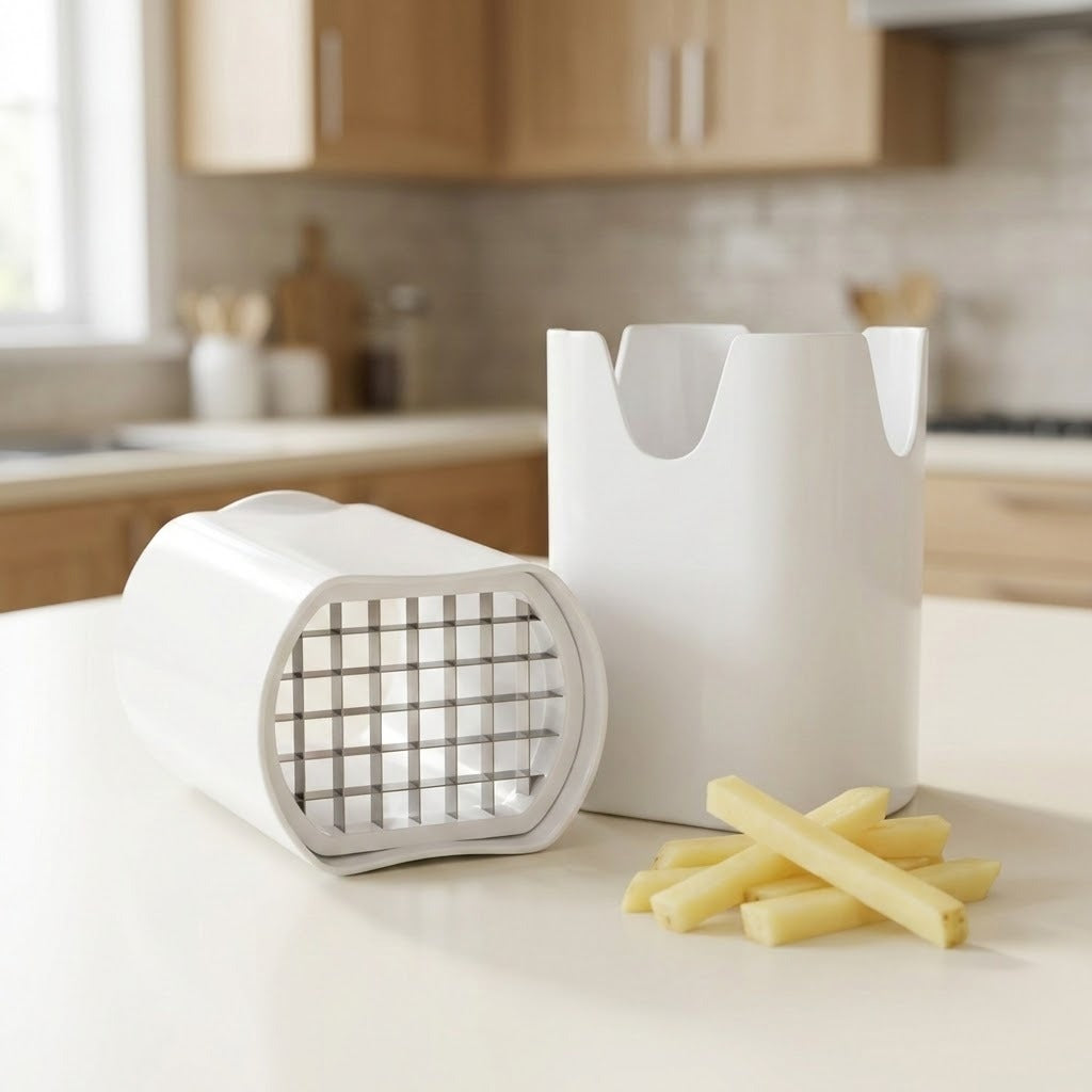 A white plastic potato cutter and holder set on a kitchen countertop, with a few cut potato sticks beside it and a blurred kitchen background.