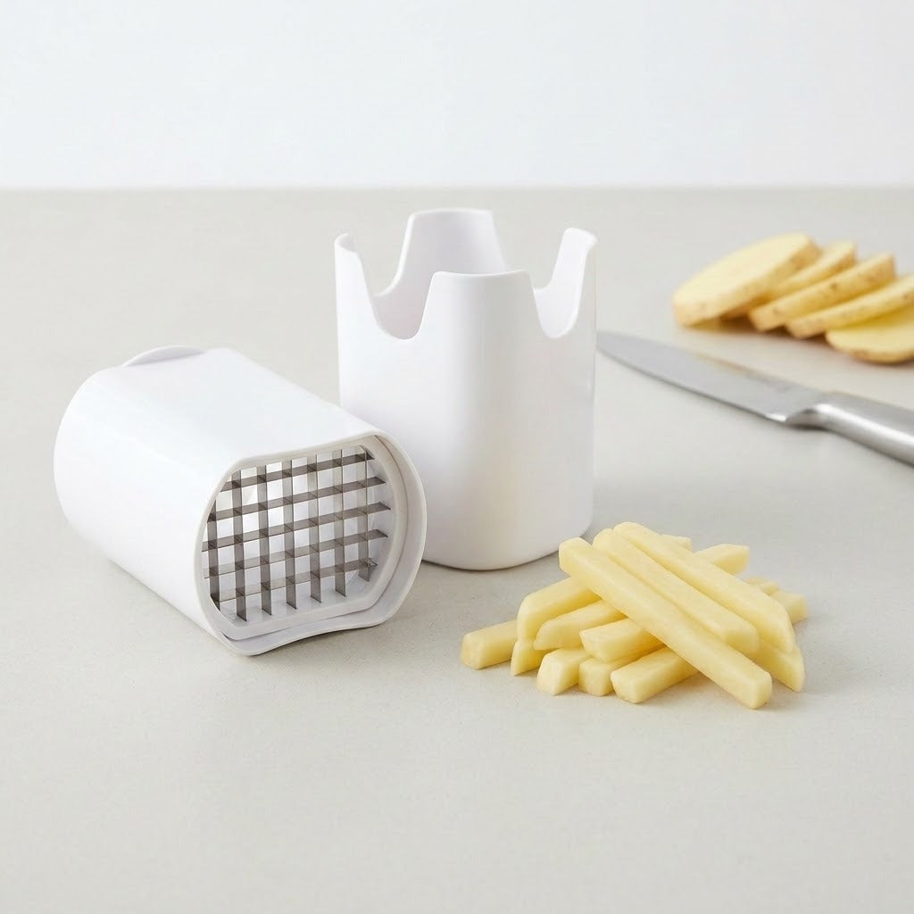 A white plastic french fry cutter and peeler set shown on a light gray countertop, with sliced and peeled potato sticks and a knife in the background.