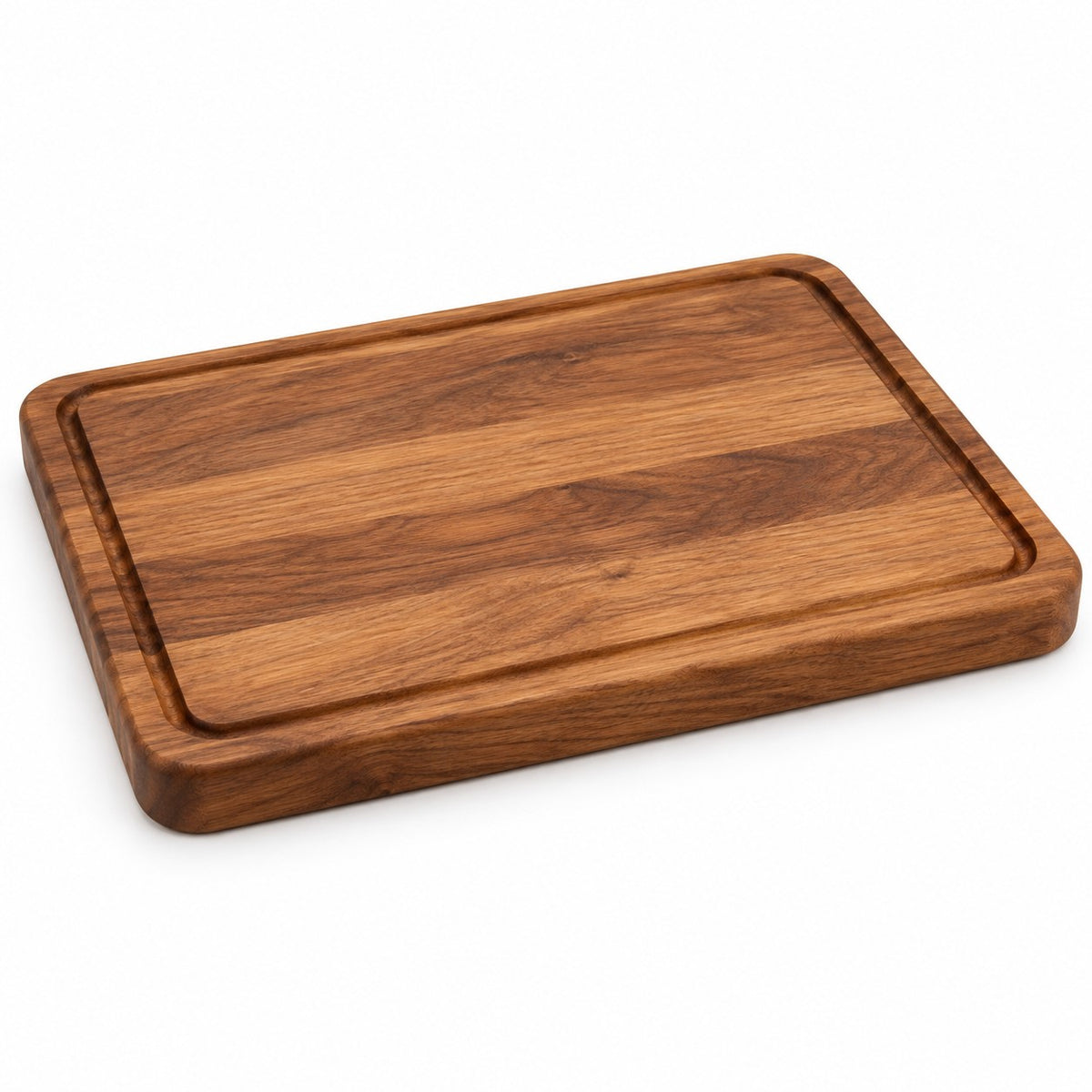 One rectangular wood cutting board sits alone on a white studio background, showing its full shape.