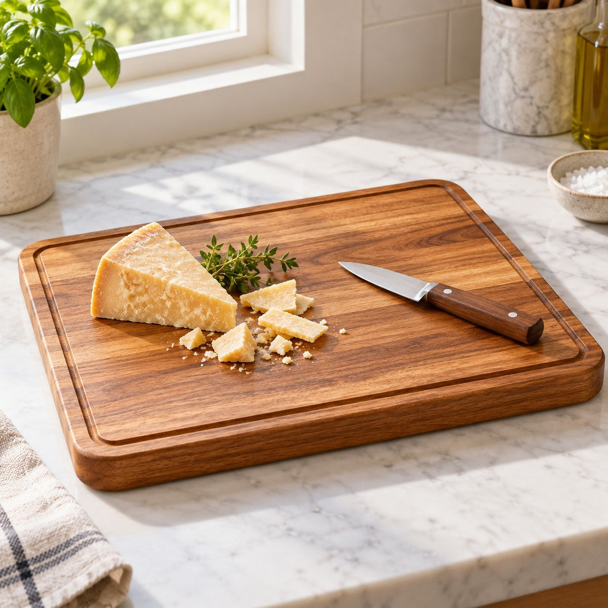 A rectangular wood cutting board holds cheese on a bright kitchen counter during meal preparation.