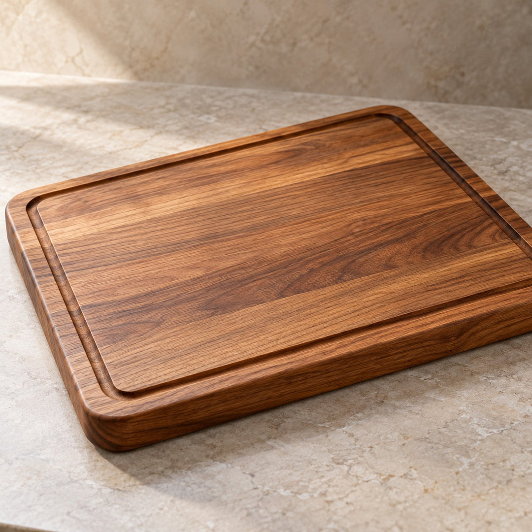 A warm brown wood cutting board shows its recessed perimeter groove and rounded edges in a close hero view.