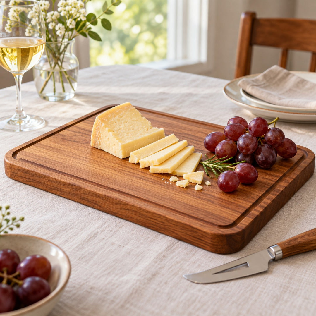 A rectangular wood cutting board serves sliced cheese and grapes on a softly lit dining table.