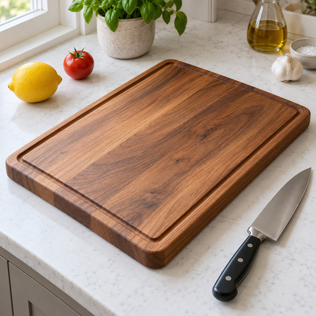 A rectangular wood cutting board sits beside a lemon, tomato, and chef knife on a kitchen counter.