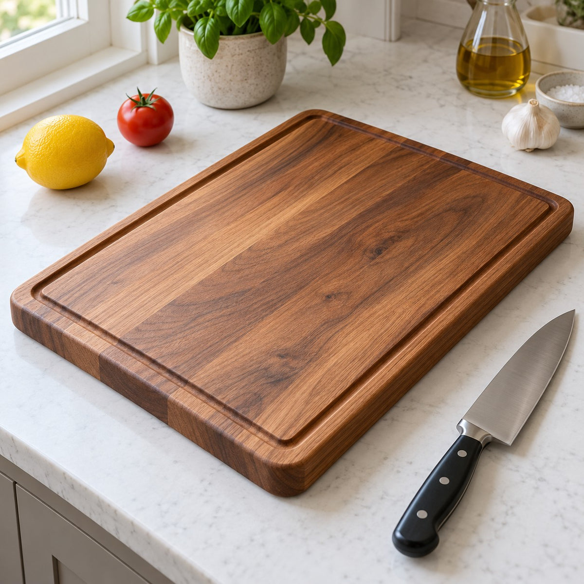 A rectangular wood cutting board sits beside a lemon, tomato, and chef knife on a kitchen counter.