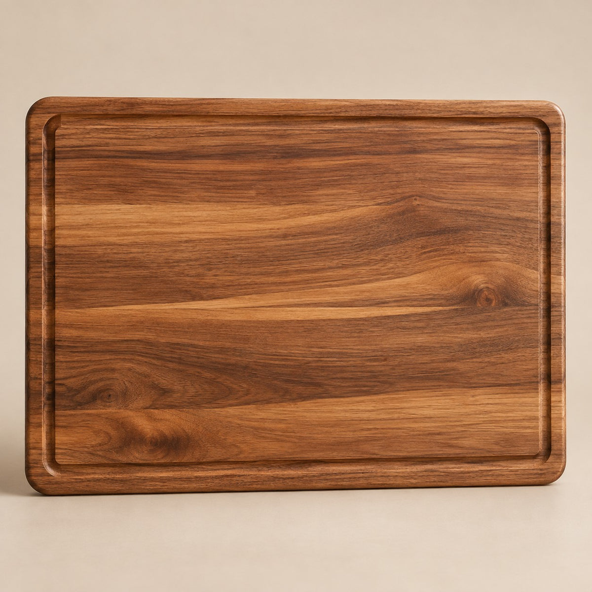 The large rectangular wood cutting board is centered on a pale tan studio background.