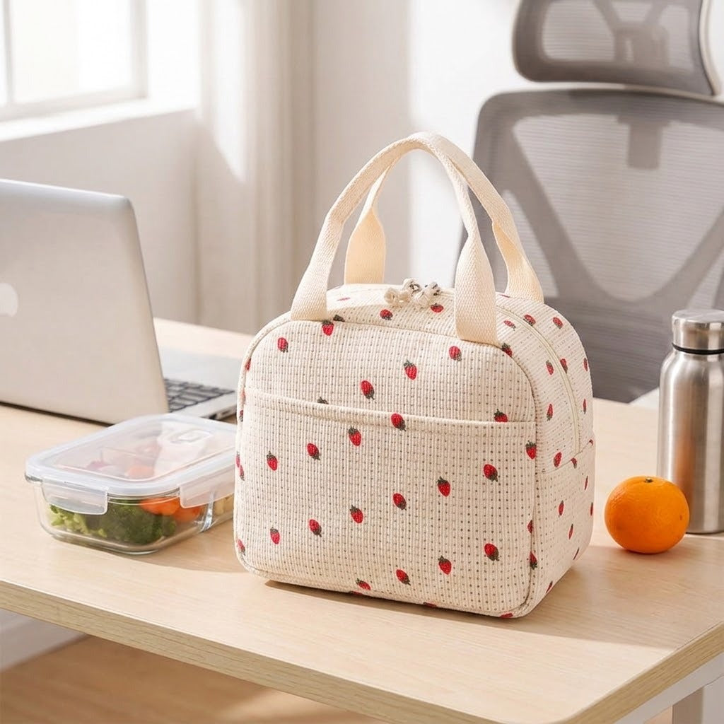 A cream-colored insulated lunch bag with a strawberry print sits on a light wood desk in a bright office setting, next to a laptop, a container of vegetables, an orange, and a stainless steel bottle.