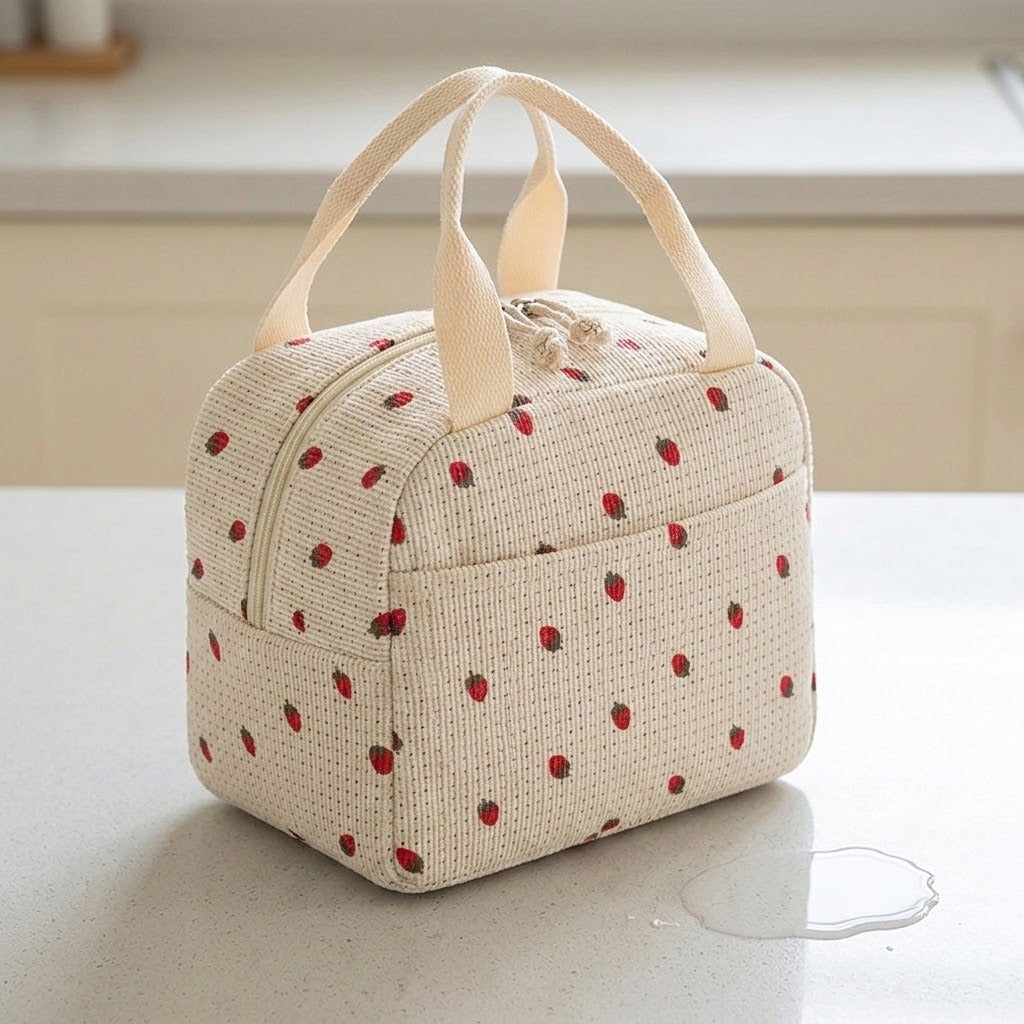 A cream-colored insulated lunch bag with a red strawberry pattern, featuring dual top handles and a zippered closure, sitting on a light countertop.