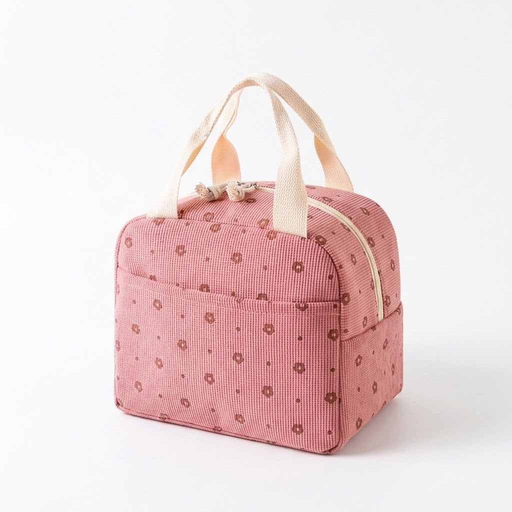 A pink striped fabric lunch bag with a small floral pattern, cream-colored handles, and a cream zipper, shown on a plain white background.