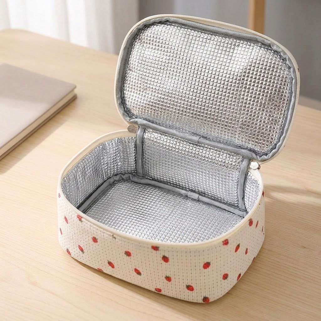 A square insulated lunch bag with a silver reflective lining, shown open on a light wood desk. The exterior fabric is cream-colored with small red polka dots.