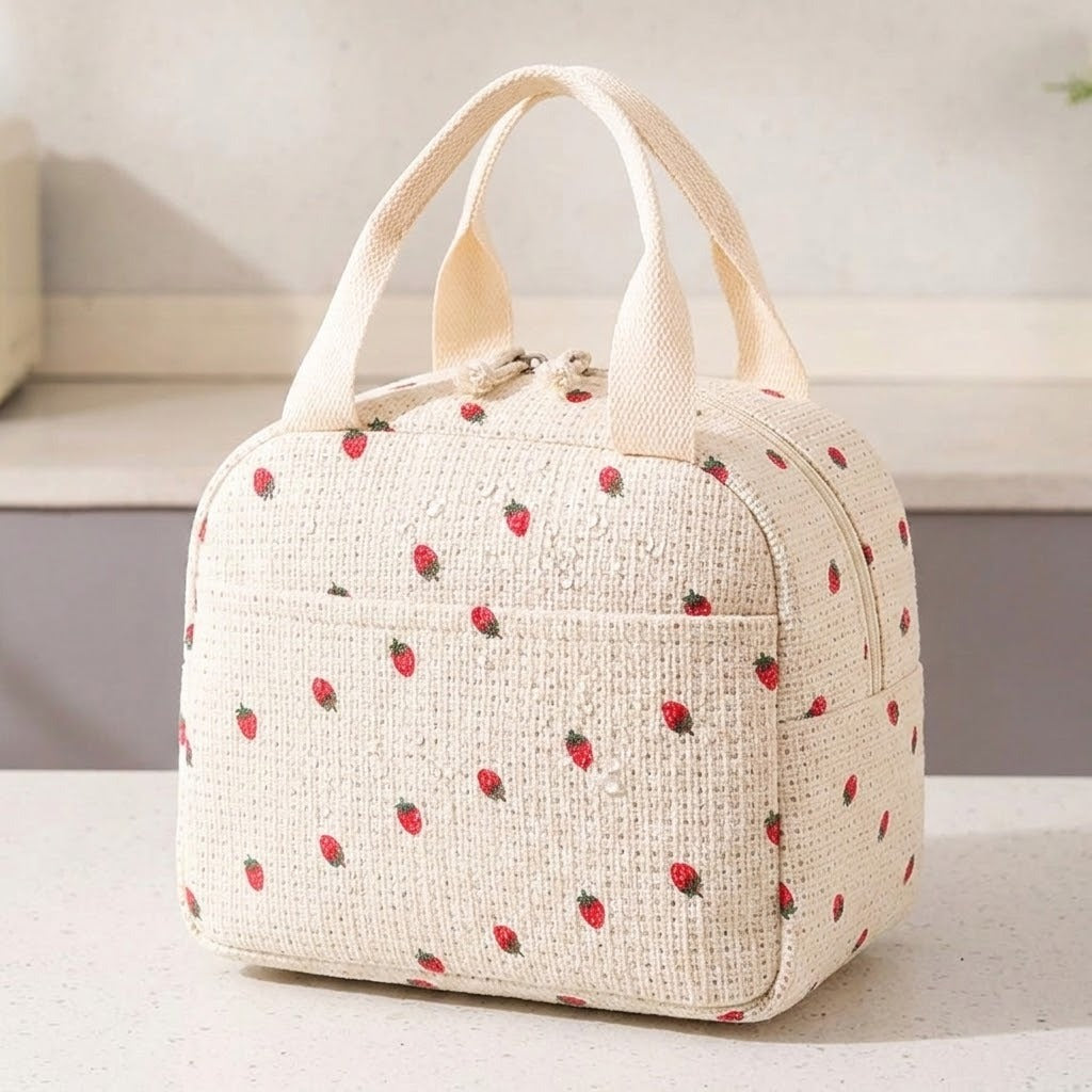 A cream-colored woven lunch bag with a red strawberry pattern and dual top handles, sitting on a light speckled countertop.