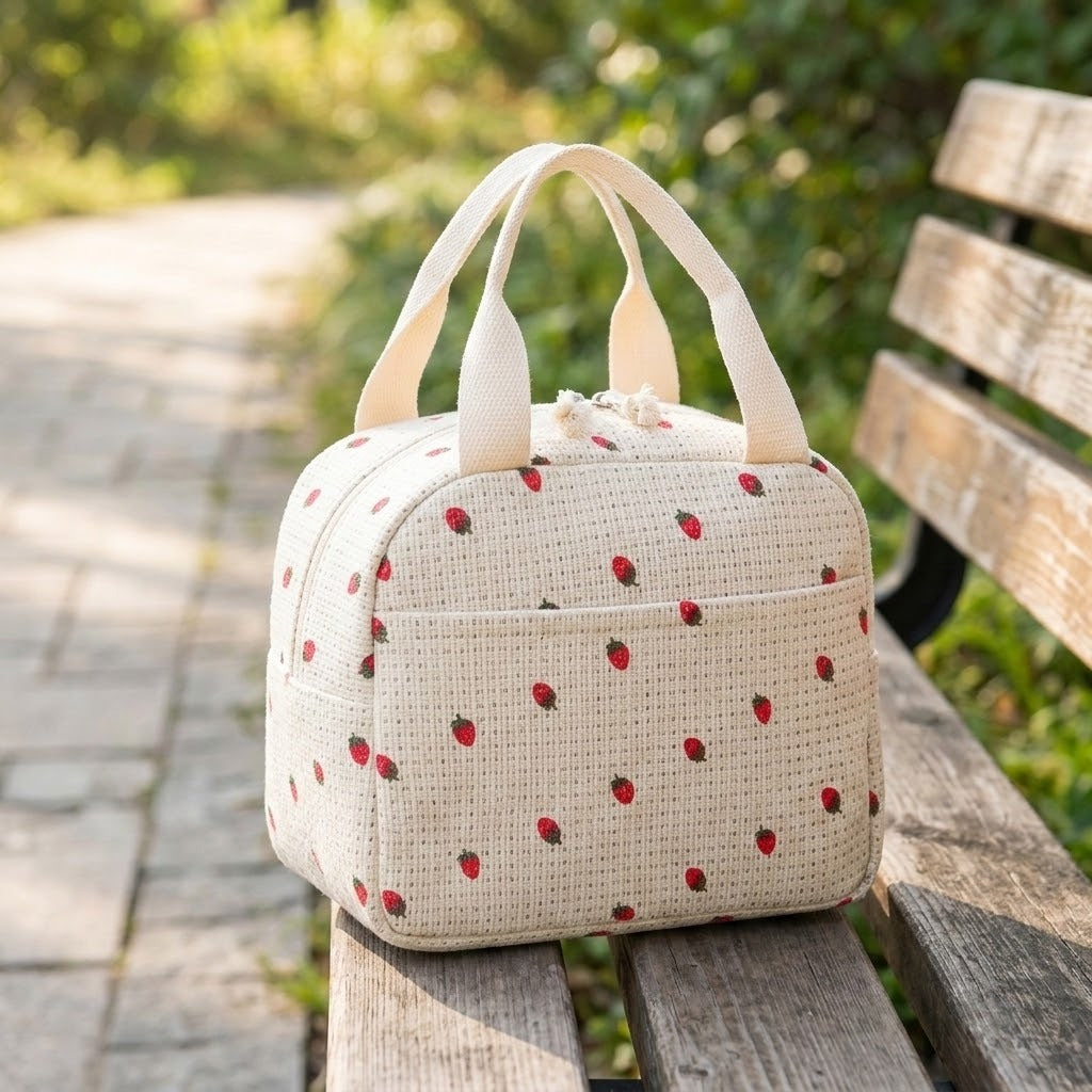 A small woven lunch bag with a strawberry print sits on a wooden park bench. The bag has cream-colored handles and is decorated with small red strawberries on a light beige woven fabric.