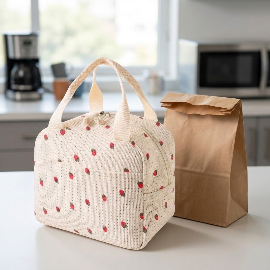 A cream-colored insulated lunch bag with a red strawberry pattern sits on a kitchen counter next to a brown paper bag. The background shows a softly blurred kitchen interior with a coffee maker and microwave.