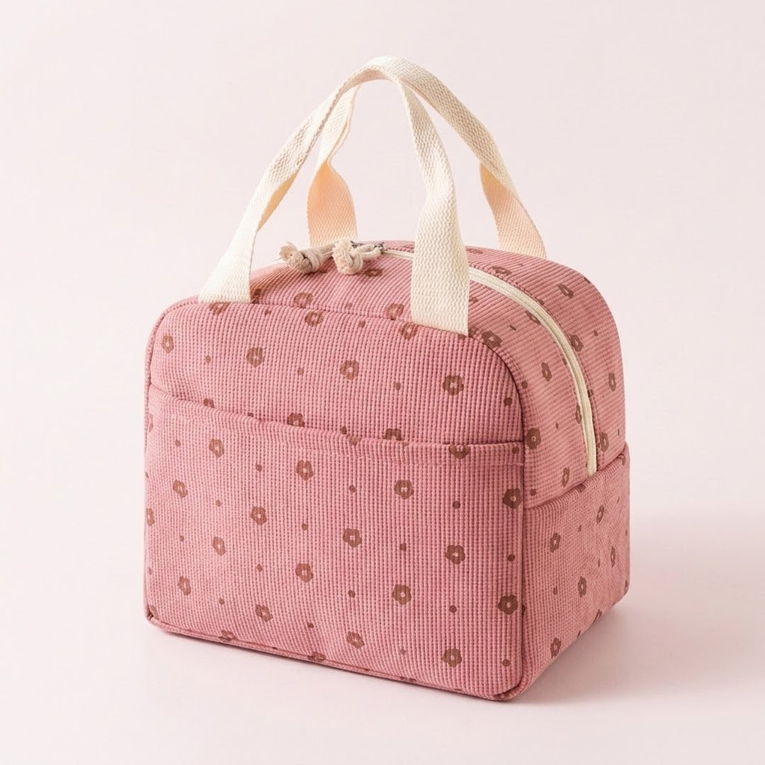A pink corduroy lunch bag with a small floral pattern, cream-colored fabric handles, and a front pocket, set against a solid pale pink background.