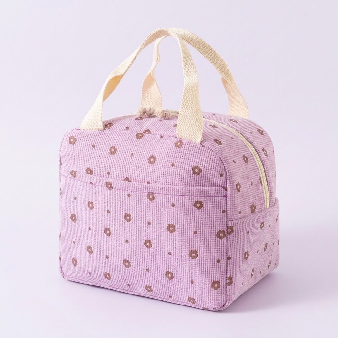 A light pink gingham-patterned lunch bag with a brown floral print and cream-colored handles, shown on a light lavender background.