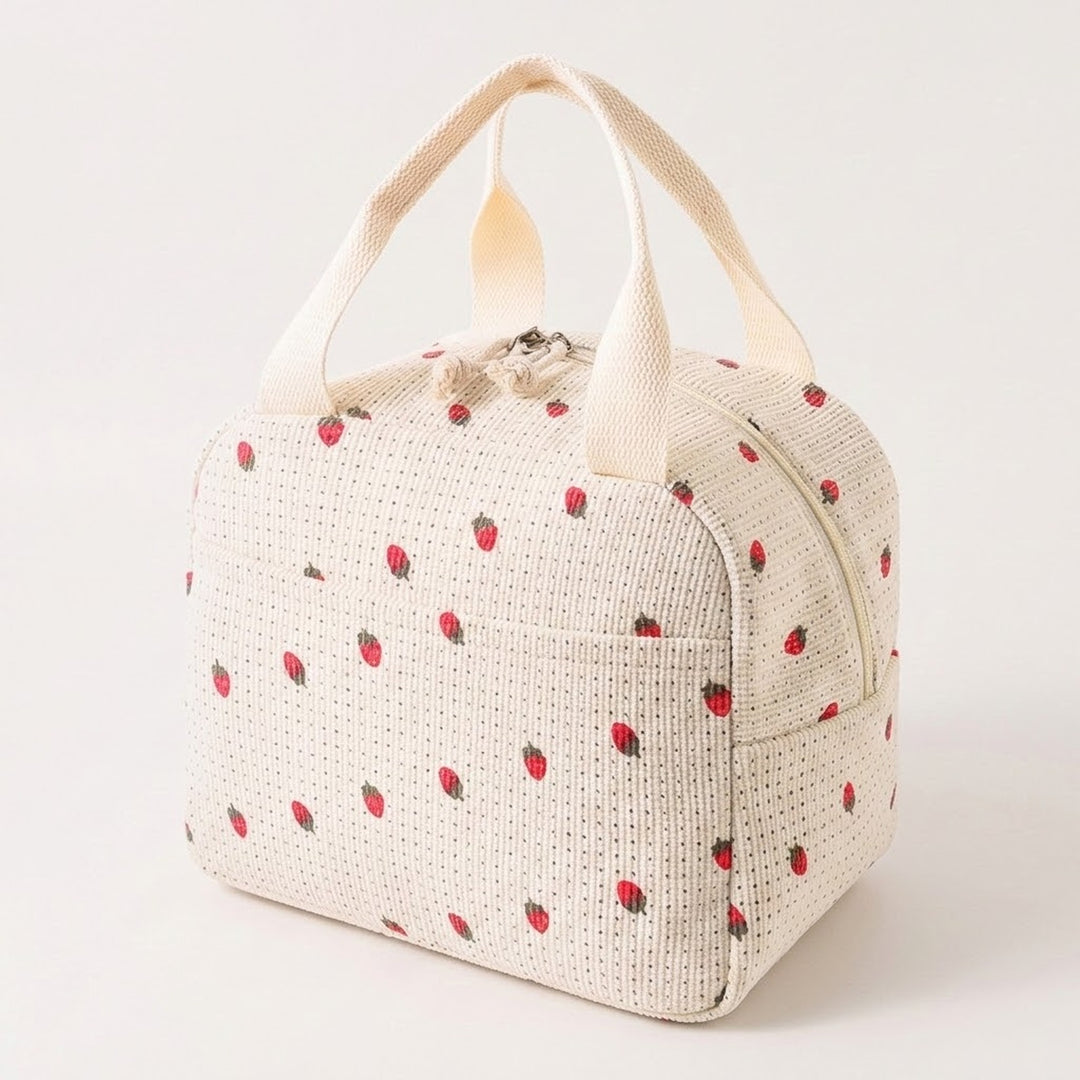 An off-white woven lunch bag with a red strawberry pattern and cream-colored top handles, shown on a plain light background.