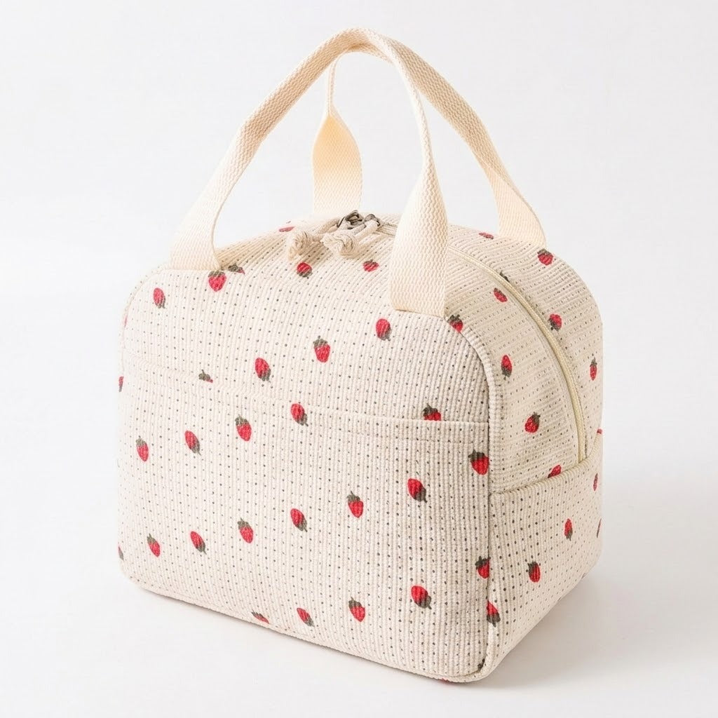 A cream-colored canvas lunch bag with a red strawberry pattern, featuring dual top handles and a zippered closure, set against a plain white background.