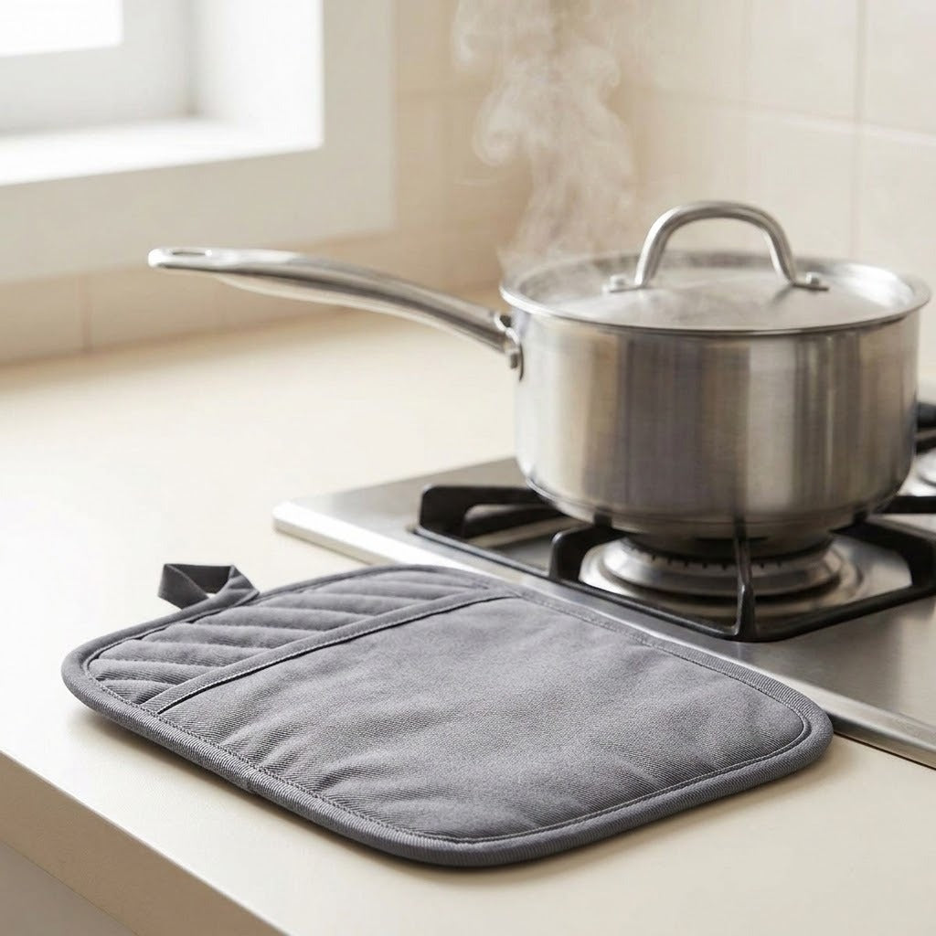 A gray quilted pot holder with a loop handle rests on a beige kitchen countertop next to a stainless steel pot on a gas stove with steam rising.