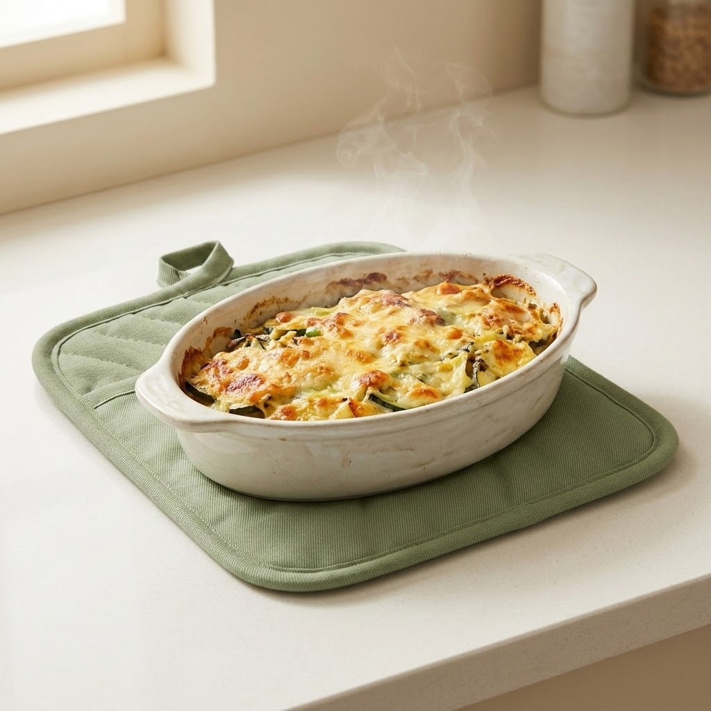 A white oval baking dish filled with a baked casserole sits on a sage green quilted oven mitt on a light countertop near a window.
