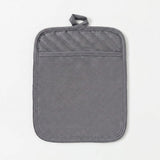 A gray fabric pot holder with a top loop handle, featuring a diagonal stitched pattern on the upper section and a solid front pocket, shown on a plain white background.