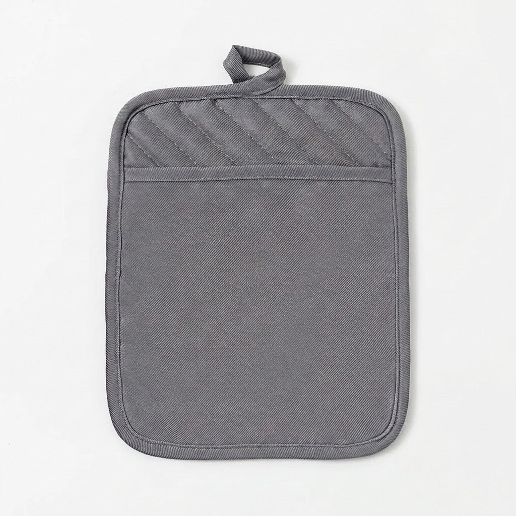 A gray fabric pot holder with a top loop handle, featuring a diagonal stitched pattern on the upper section and a solid front pocket, shown on a plain white background.