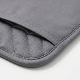 Close-up of a gray quilted fabric item, showing stitched edges and a folded corner on a white background.