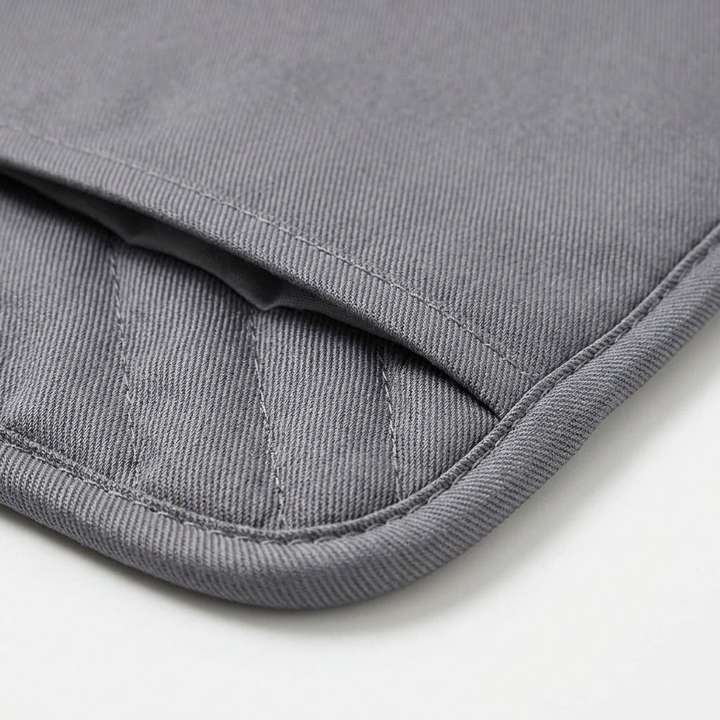 Close-up of a gray quilted fabric item, showing stitched edges and a folded corner on a white background.