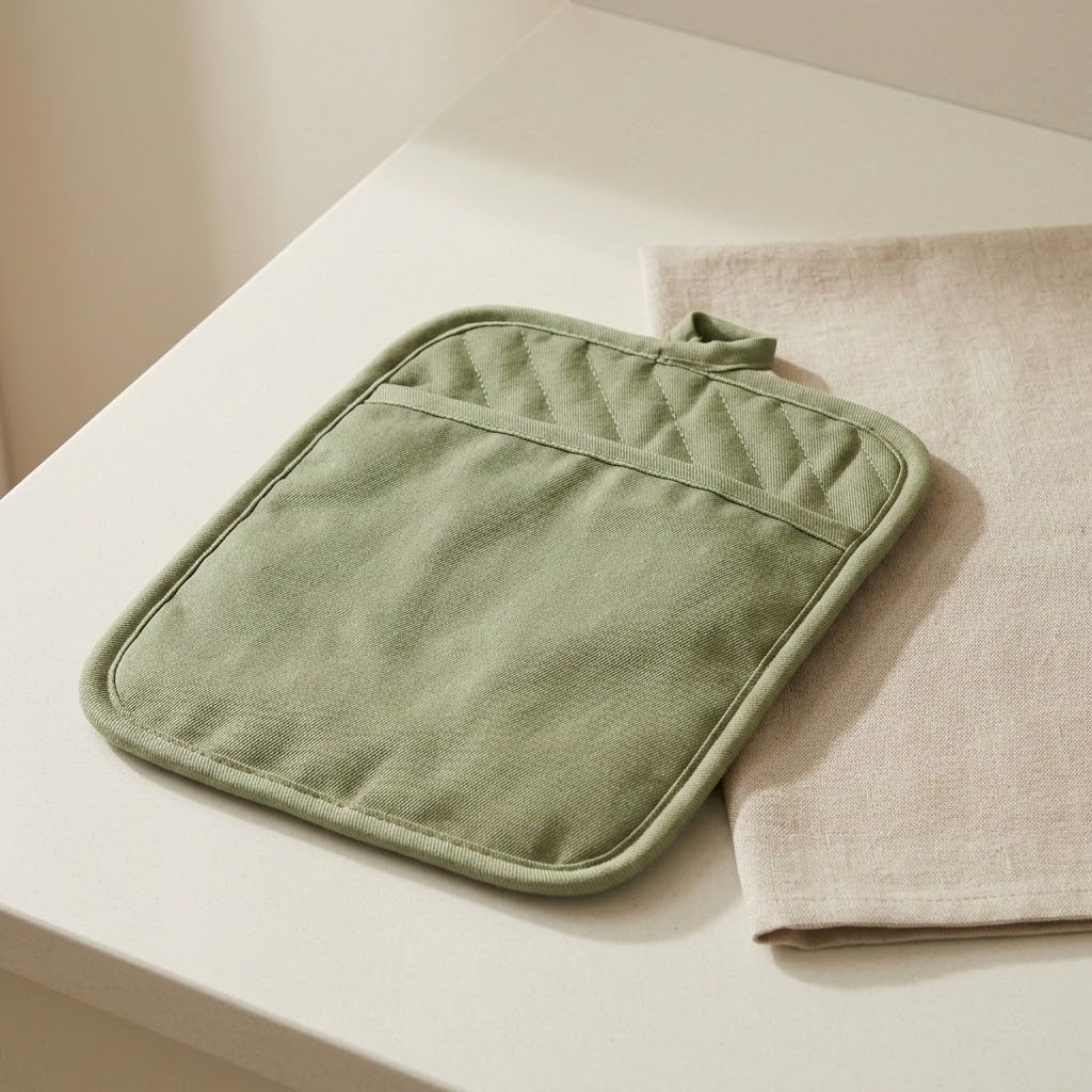A sage green quilted cotton pot holder with a loop handle, styled on a white table next to a beige linen cloth.