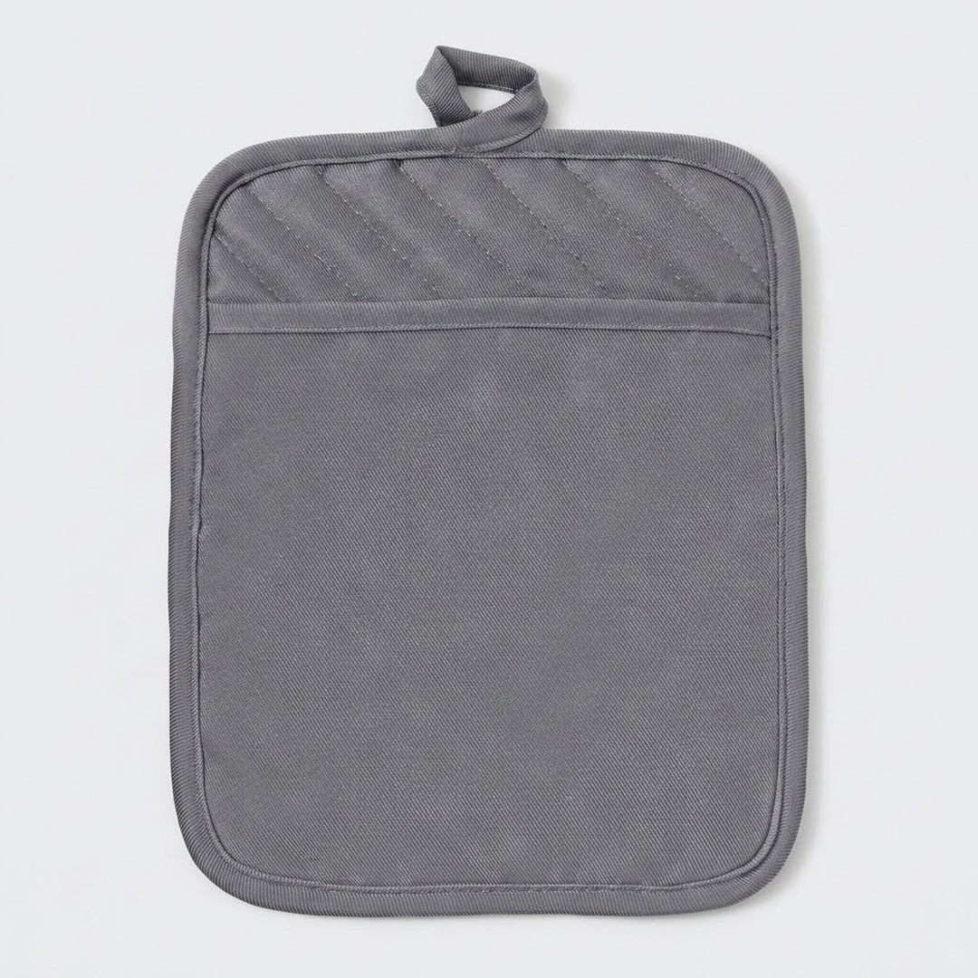 A gray fabric potholder with a top loop handle and a horizontal seam dividing the upper section into two diagonal-quilted panels and a solid lower panel, shown on a light gray background.