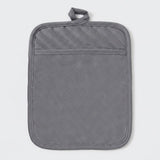 A gray fabric potholder with a top loop handle and a horizontal seam dividing the upper section into two diagonal-quilted panels and a solid lower panel, shown on a light gray background.