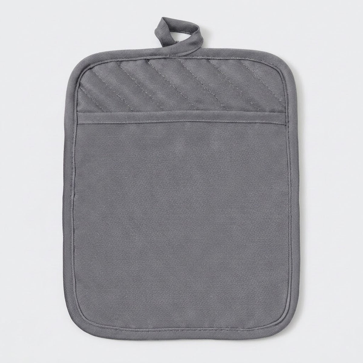 A gray fabric potholder with a top loop handle and a horizontal seam dividing the upper section into two diagonal-quilted panels and a solid lower panel, shown on a light gray background.