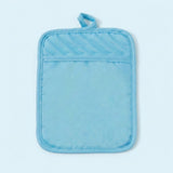 A light blue fabric pot holder with a top loop handle and a horizontal seam dividing the front into two sections, shown on a plain light blue background.