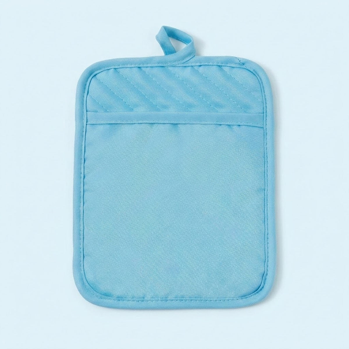 A light blue fabric pot holder with a top loop handle and a horizontal seam dividing the front into two sections, shown on a plain light blue background.