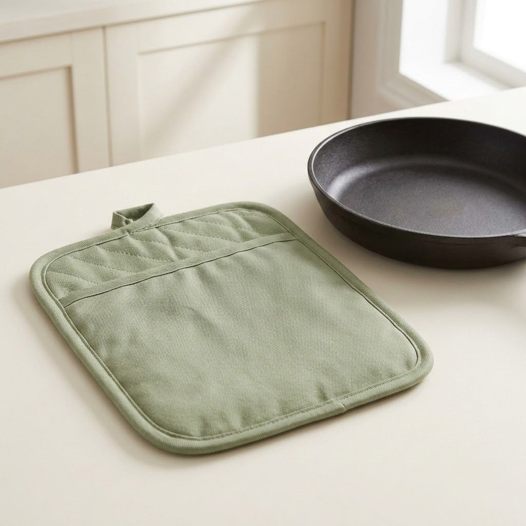 A sage green quilted fabric pot holder with a top loop, displayed on a light cream kitchen table next to a black cast iron skillet.