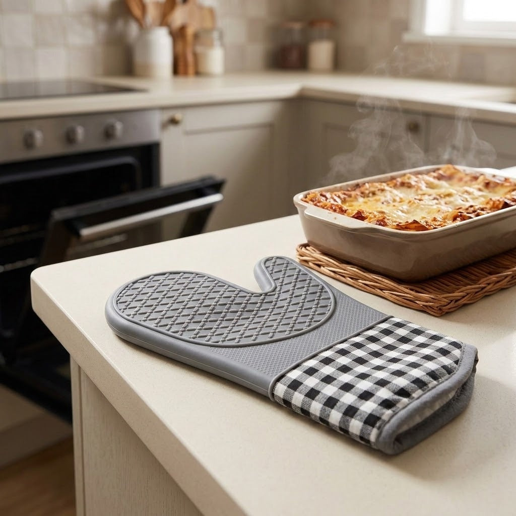 A gray silicone oven mitt with a black-and-white gingham fabric cuff rests on a kitchen counter next to a steaming casserole dish in a wicker tray.