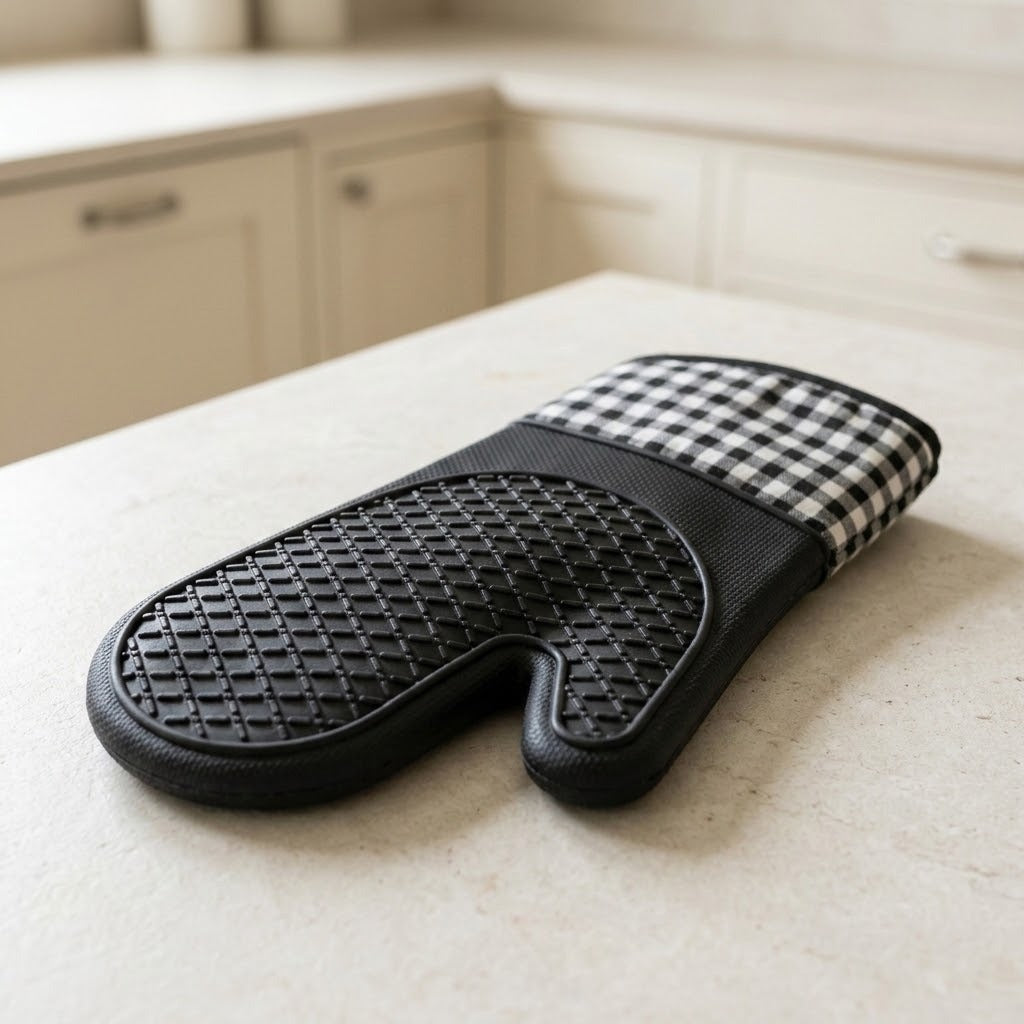 A single oven mitt resting on a light beige countertop in a kitchen setting. The mitt has a black textured non-slip bottom, a black and white gingham checkered upper section, and a black wrist strap.