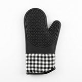 A single oven mitt with a black textured silicone-like top and a black-and-white gingham checkered fabric cuff, shown on a plain white background.