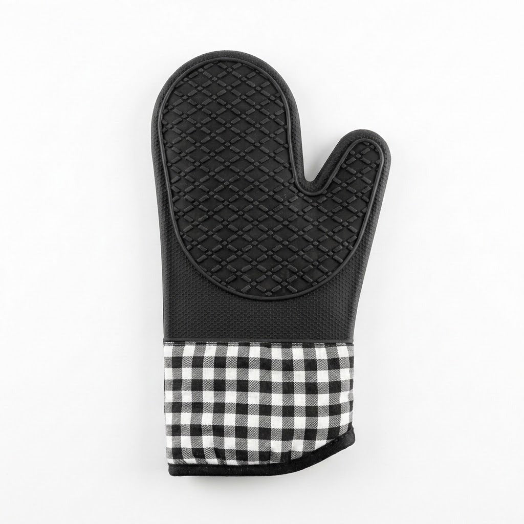 A single oven mitt with a black textured silicone-like top and a black-and-white gingham checkered fabric cuff, shown on a plain white background.