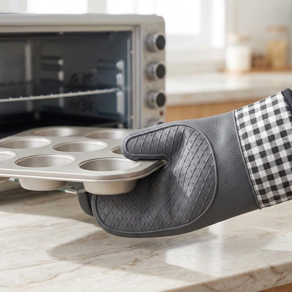 A gray silicone oven mitt with a black-and-white gingham cuff is holding a metal muffin tin over a marble kitchen countertop, with an oven blurred in the background.