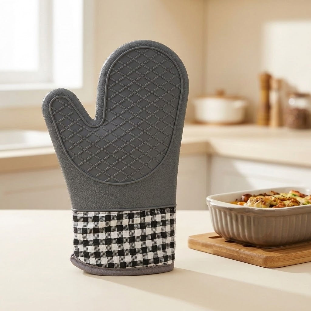 A gray silicone oven mitt with a black and white gingham check fabric cuff, standing on a kitchen counter next to a baking dish.