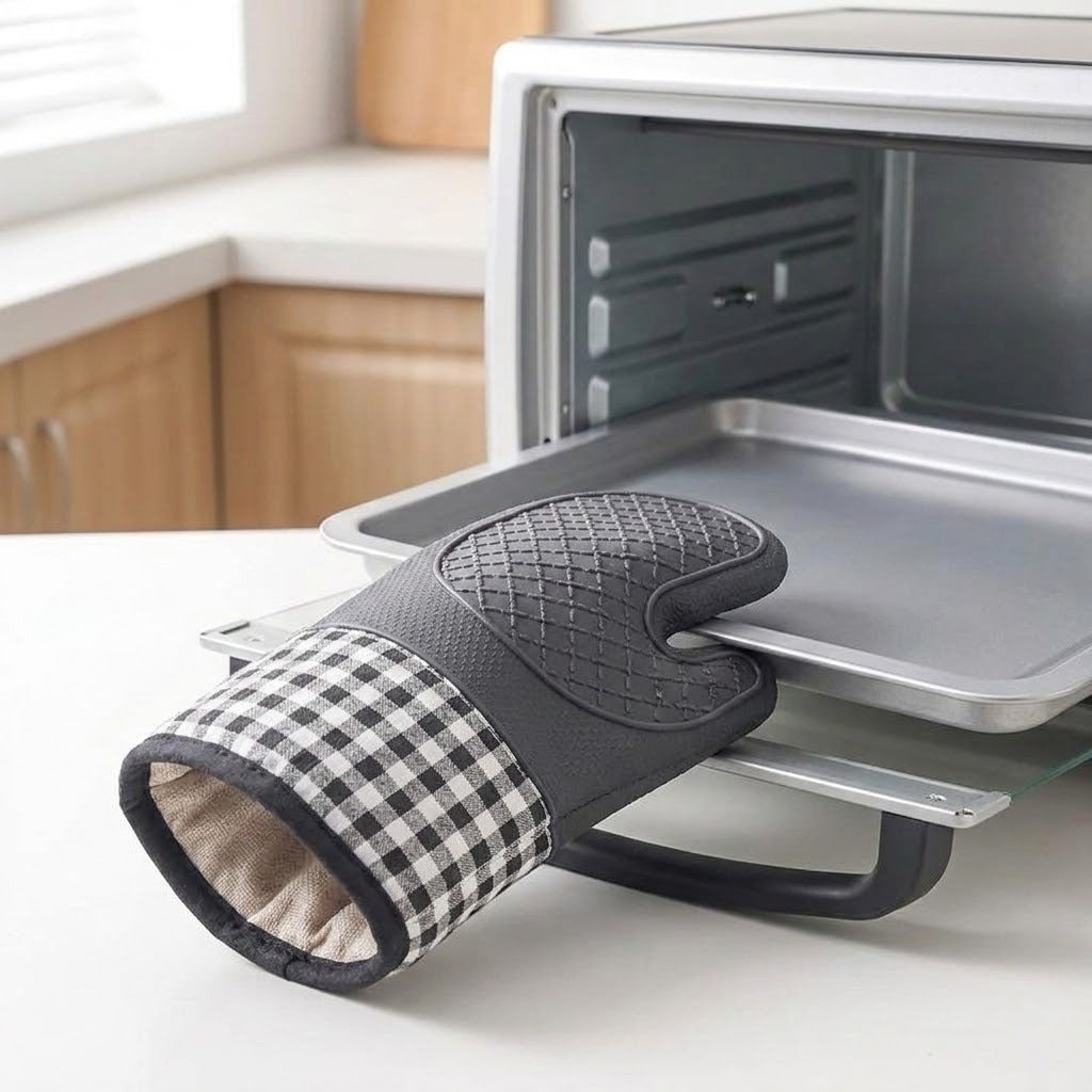 A black and gray quilted oven mitt with a black-and-white gingham cuff is shown resting on a white kitchen counter in front of an open microwave.